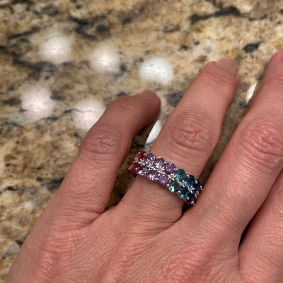 Multicolored created sapphire eternity band, size 5 new in box - Picture 3 of 7